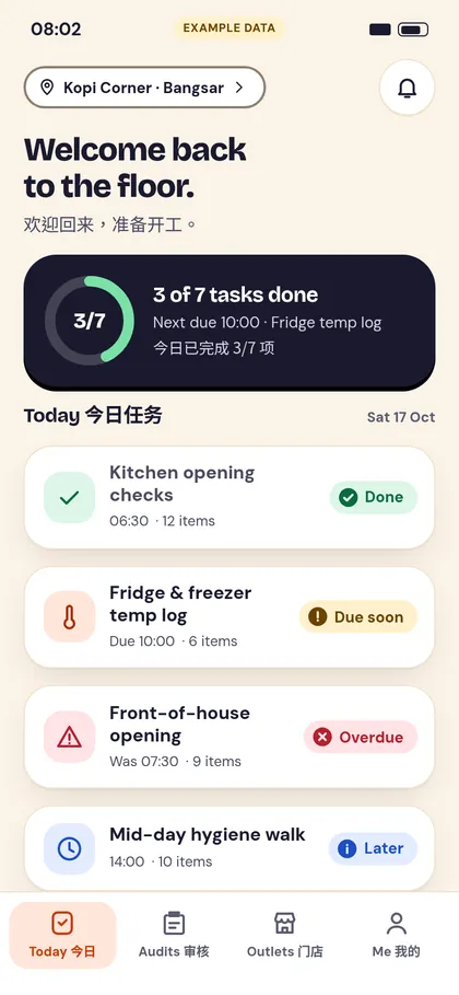 Ronda Today screen on a phone, listing overdue and due checklists per outlet